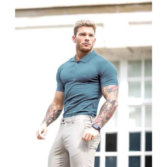 Men's Muscle Polo Shirts Tops Blue - Picture 4 of 5